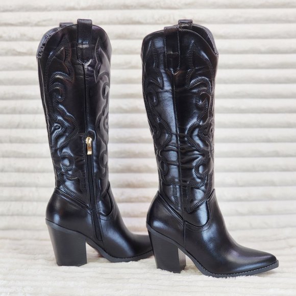 Electric Cowboy Jet Black Matte Western Knee High Cowgirl Boots Jet Black - Picture 8 of 15